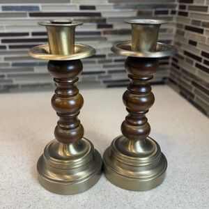 Vintage Homco Brass and Wood Candlestick Holders Set of 2 Traditional Home Decor
